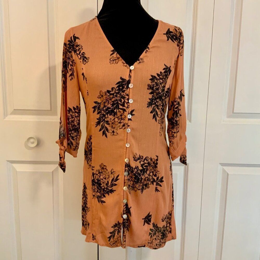 Saltwater Luxe Orange Black Floral Button Front Mini Dress XS